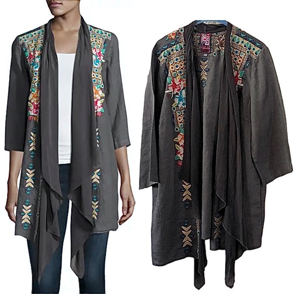 Johnny Was JWLA Gray Embroidered 100% Linen Kimono Jacket Size Medium - Picture 1 of 16